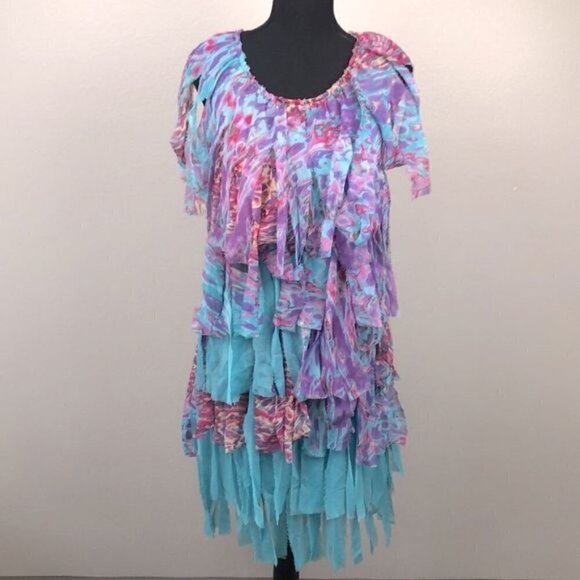 Rancho Estancia Sleeveless Dress Rainbow Colors Carwash Fringe Fairy Midi S NEW - Picture 1 of 10